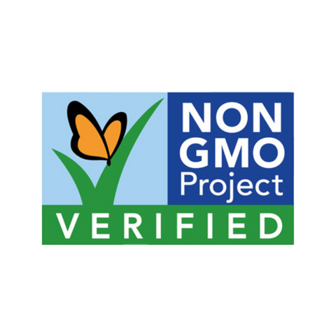 Blue and green rectangle with a butterfly on a checkmark, featuring the words “Non-GMO Project Verified,” certifying products made without genetically modified organisms.