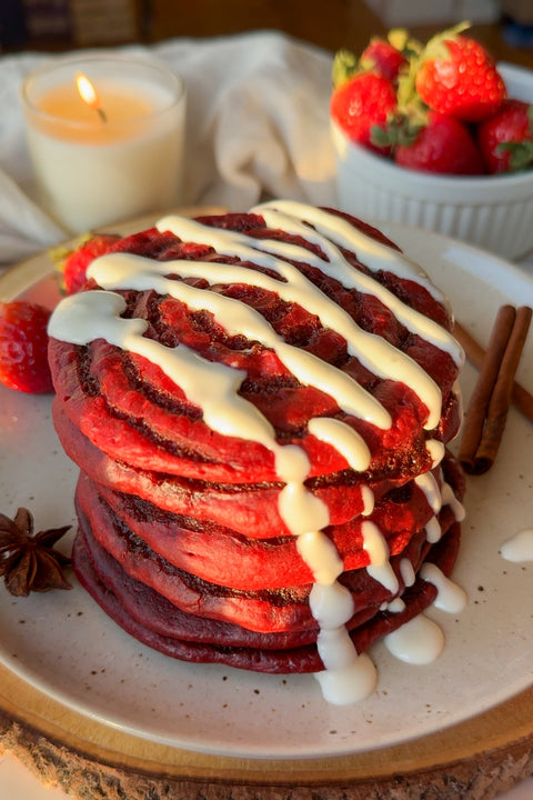 Vegan Red Velvet Cinnamon Roll Pancakes