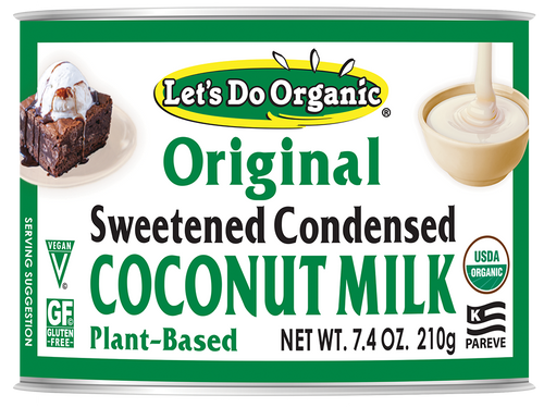 can of sweetened condensed coconut milk with a chocolate cake and ice cream on it along with sweetened condensed coconut milk being pouring into can.