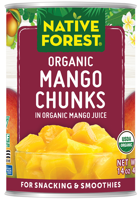 Can of Native Forest Organic Mango Chunks with mango illustrations on a white background